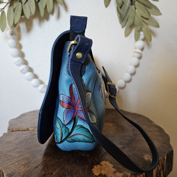 Anuschka Hand Painted Leather Shoulder Bag Blue Floral Turnlock - Picture 12 of 16